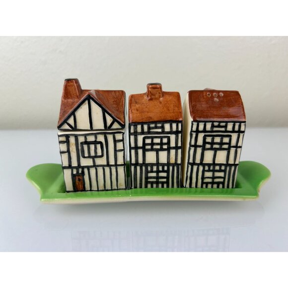 Beswick England 1940s Tudor-Style Cottages Salt Pepper & Sugar Set on Tray VTG - Picture 8 of 16